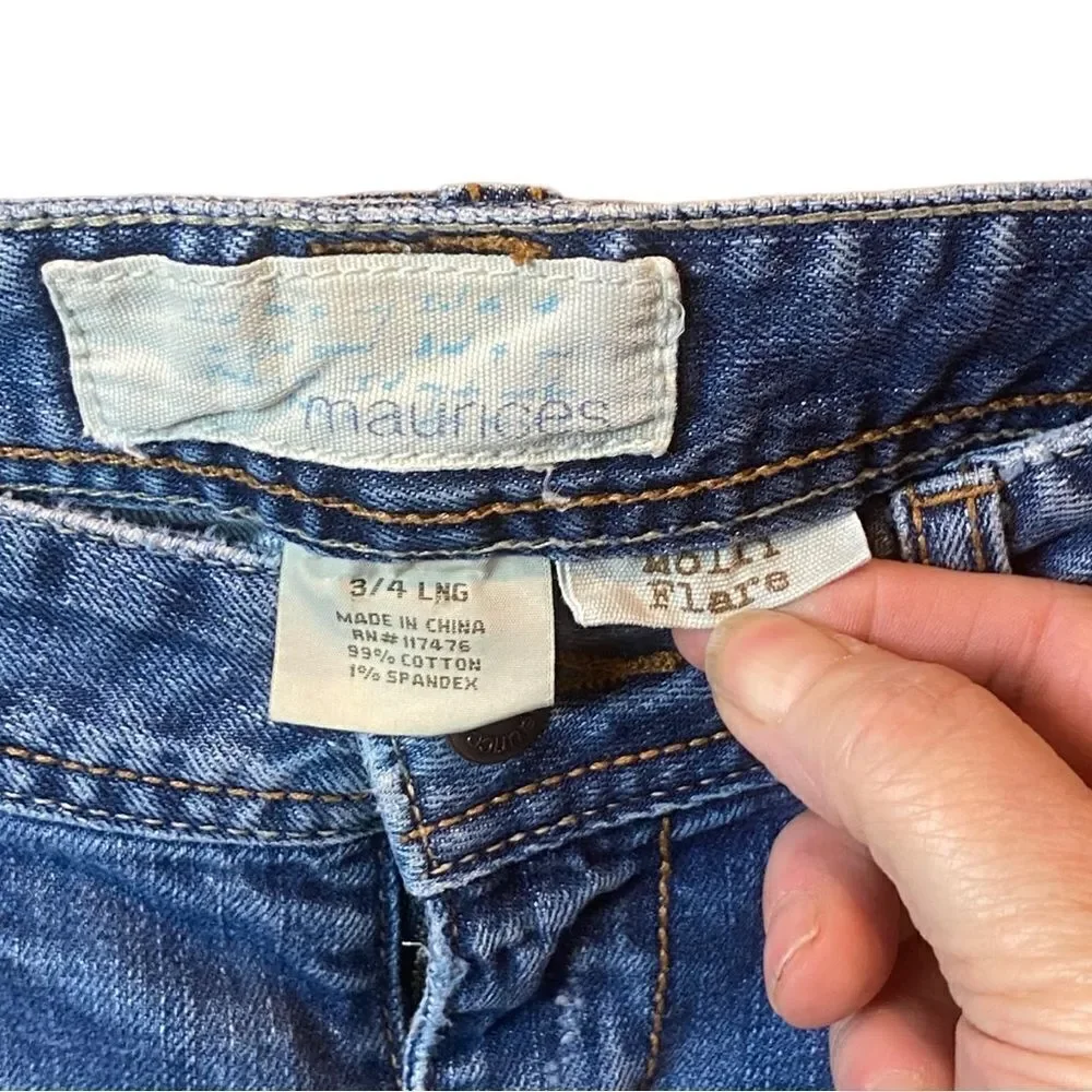 Maurice’s Molly Flare Wm’s Sz 3/4 Long Dark Blue Distressed Denim Jeans